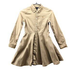 Ralph Lauren Girls Size 10 Long Sleeve Chino Shirt Dress Khaki Beige A-Line